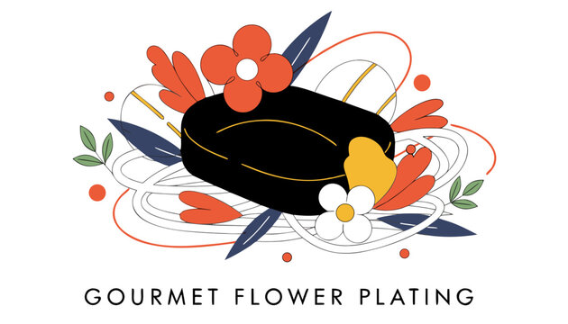 Very beautiful realistic vector illustration of exquisite gourmet plating with a central protein dish, featuring a bold caption reading "GOURMET FLOWER PLATING", bright edible flowers, delicate vegeta
