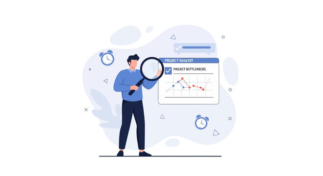 Project Analyst Examining Bottlenecks with Magnifying Glass - Vector Illustration