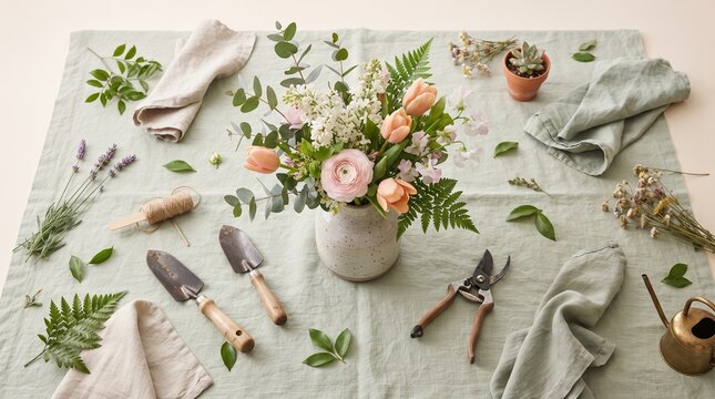 A charming still life arrangement showcases gardening tools and a delicate bouquet of flowers, artfully laid out on a pale green tablecloth.