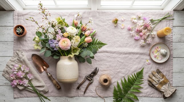 A beautifully arranged bouquet of fresh flowers, accompanied by gardening tools and a small succulent, rests on a textured linen cloth by a window.
