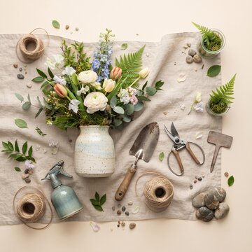 A beautiful floral arrangement, showcasing delicate blooms and lush greenery, is meticulously crafted with gardening tools scattered around, suggesting a serene hobby.