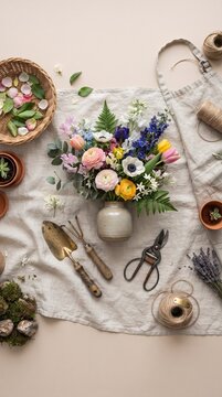 A beautifully arranged bouquet of assorted flowers sits alongside gardening tools, twine, and lavender, creating a rustic and charming flat lay.
