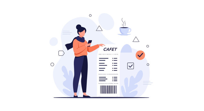 Woman with smartphone checking coffee shop receipt, digital payment, order summary, modern flat illustration concept