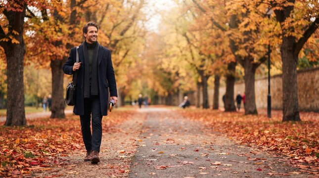 A stylish man enjoys a leisurely autumn stroll through a park, surrounded by trees adorned with vibrant orange and yellow foliage.