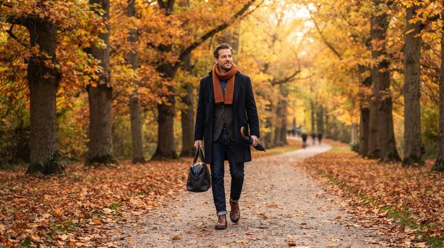 A stylish man strolls down a sun-dappled path lined with trees ablaze in autumn's golden hues, his briefcase in hand.