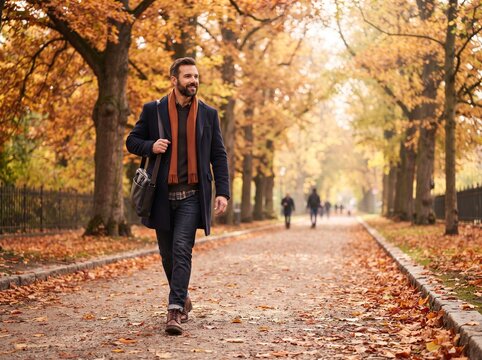 A well-dressed man walks confidently down a leaf-strewn path lined with autumnal trees, enjoying a leisurely stroll in the crisp fall air, exuding a sense of sophisticated ease.