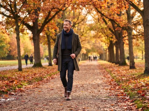A man strolls through an autumn park, leaves of vibrant orange and gold crunching underfoot, a picture of serene contemplation amidst the changing season.