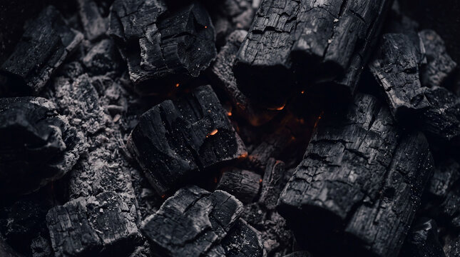 Dark charcoal embers and burnt wood texture with glowing orange heat, close up of black coal pieces for fire, barbecue, energy, and rustic background