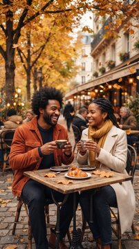 A happy couple shares a coffee at a street cafe during autumn. The woman wears a beige coat and yellow scarf, while the man has a brown jacket. Leaves of orange and yellow cover the trees and ground.
