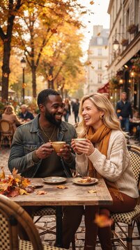 A happy couple enjoys a warm cup of coffee at an outdoor cafe, surrounded by the vibrant autumn foliage of a Parisian street.