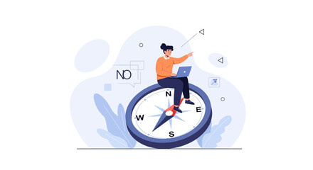 Naklejka premium Woman with Laptop on Compass Symbolizing Direction and Decision Making in Business and Life