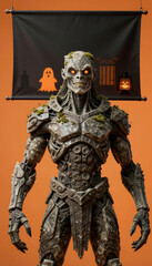 Fototapeta premium Stone creature with glowing eyes standing against orange background