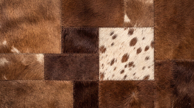 Rustic brown cowhide patchwork texture with spotted leather squares, western style natural fur pattern for background and interior design and decor projects