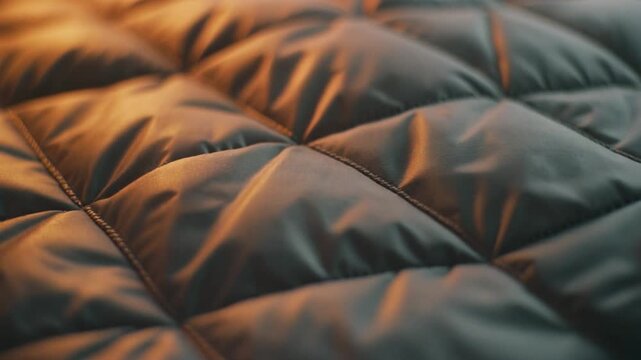 Macro Close Up of Quilted Texture and Soft Fabric on Sleeping Bag with Warm Amber Lighting, Cozy Textile Full HD Video