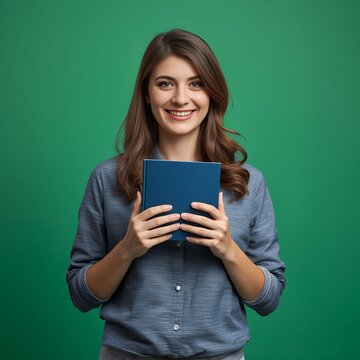 Happy young woman holding a blue book smiling cheerfully