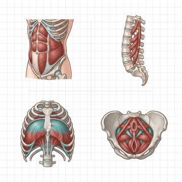 Diagram shows muscle anatomy related to sports injury, highlighting key muscle groups and their functions, presented in four views.