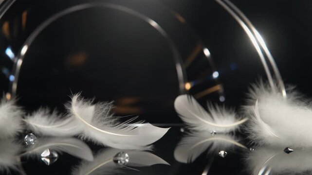 Luxury Abstract Scene of Soft White Feathers Floating with Crystal Glass Reflections and Diamond Accents on Black Background