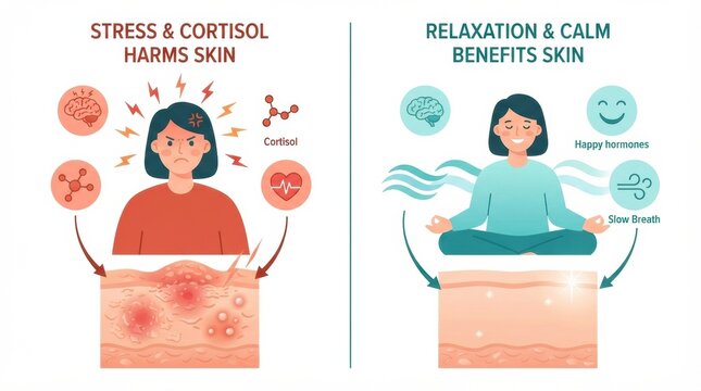 This illustration explains how stress affects skin health and shows how relaxation helps with mental well-being and skin improvement.
