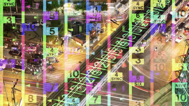 traffic in central bangkok with code and data overlayed in the buildings 