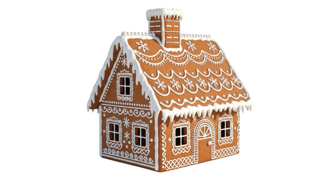 Small sweet brown gingerbread house isolated on transparent background