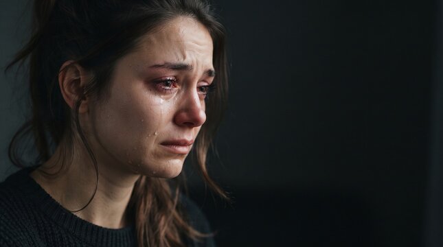 profile view of a crying woman showing deep sorrow and heartbreak in dark room