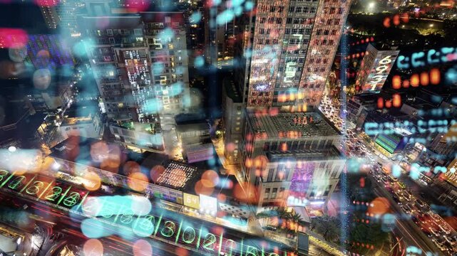 traffic in central bangkok with code and data overlayed in the buildings 