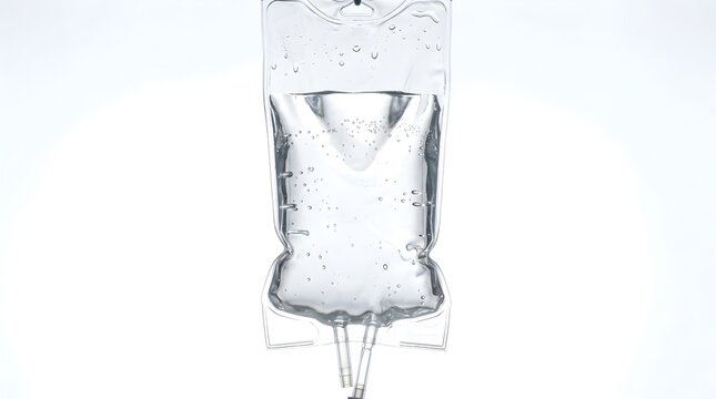 Close up of intravenous IV saline drip bag with clear solution and bubbles on white background