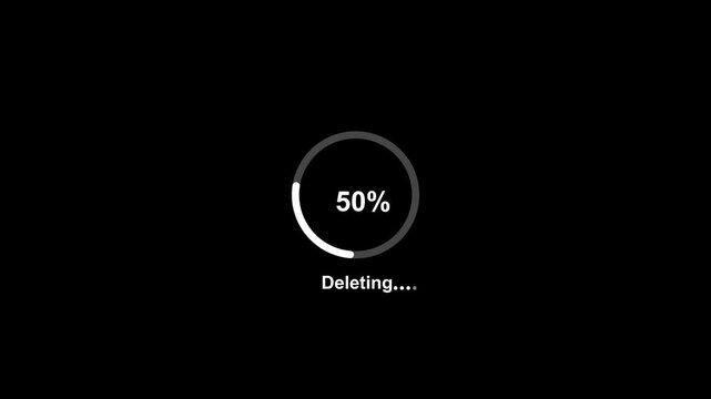 Minimalist digital deleting process animation with circular progress bar indicator showing percentage loading sequence for software interface, data management, system cleanup, and tech ui