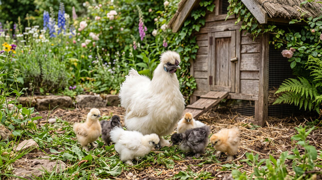 Protective mother white Silkie hen with a large flock of fluffy newborn bantam chicks exploring a lush green garden near a wooden coop, capturing springtime farm life.