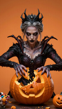 Dark gothic queen carving halloween pumpkin in studio