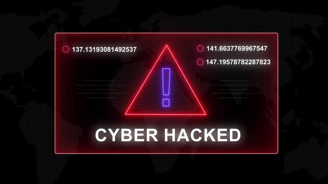 Cyber hacked warning alert digital interface display featuring glowing red neon triangle and rapidly changing data streams over a dark global map background, for cybersecurity and, network security