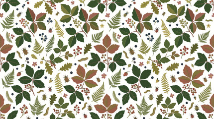 Seamless autumn leaf and berry botanical repeat pattern. © Suha