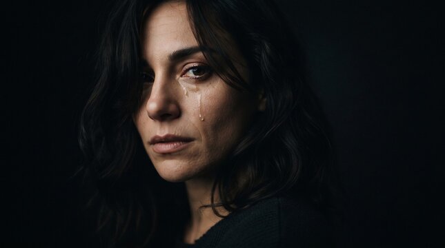 emotional portrait of a crying woman emerging from dark background with tears on her face