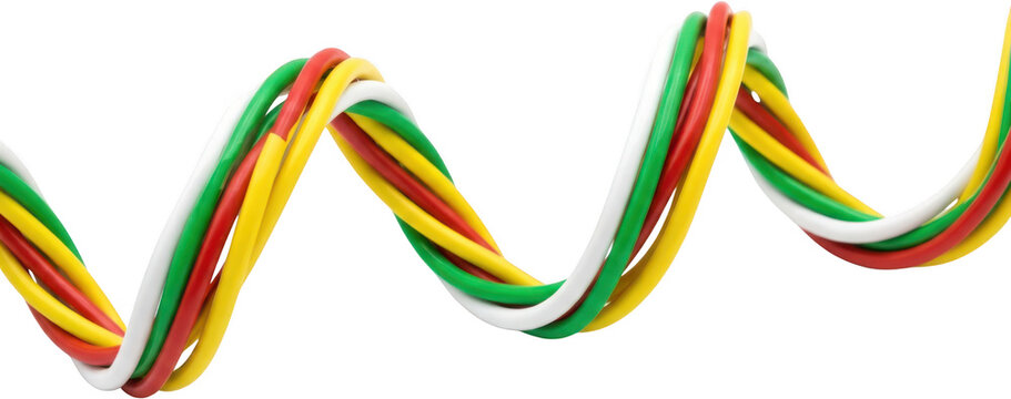 A close up view of twisted red green yellow and white electrical wires creating a flowing wavy pattern against a plain white backdrop twisted wires multicolored wires red wire