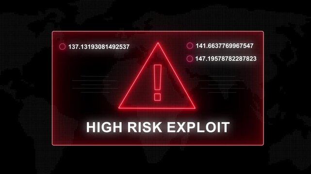 Risk exploit cyber security warning alert interface with glowing red digital warning triangle and rapidly changing data streams for advanced network threat detection and system breach analysis
