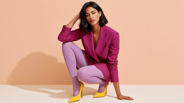 Fashion model in a bold magenta blazer and purple tights crouching in a colorful studio pose
