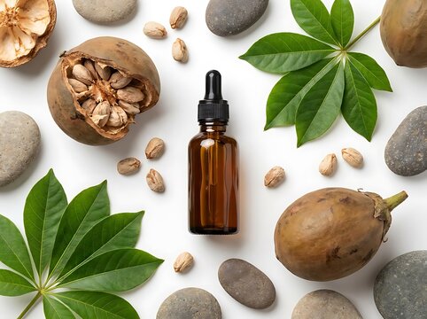 Amber glass dropper bottle with organic marula fruits green leaves and grey spa stones top view. baobab oil bottle