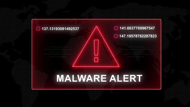 Digital malware alert warning interface with glowing red neon warning triangle symbol and rapidly changing data streams on a dark map background, for cybersecurity and, information technology concepts
