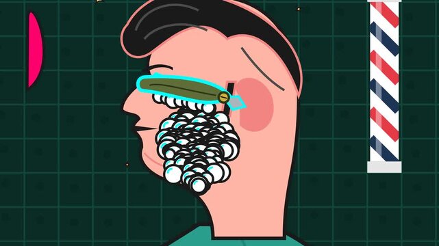 2D animation of a man getting a traditional straight razor shave with shaving cream at a barbershop with a spinning barber pole and geometric shapes on a dark green grid background