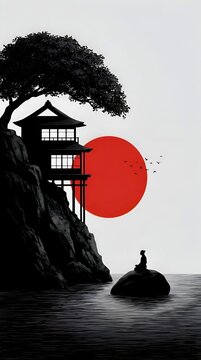 Minimalist Zen Landscape with Pagoda Silhouette and Meditating Figure under a Large Red Sun