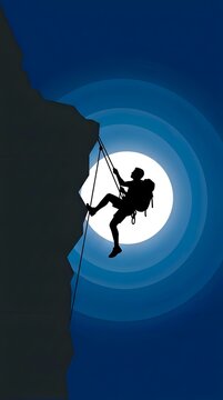 Silhouette of a climber scaling a steep rock face under the bright light of a full moon in a night sky landscape