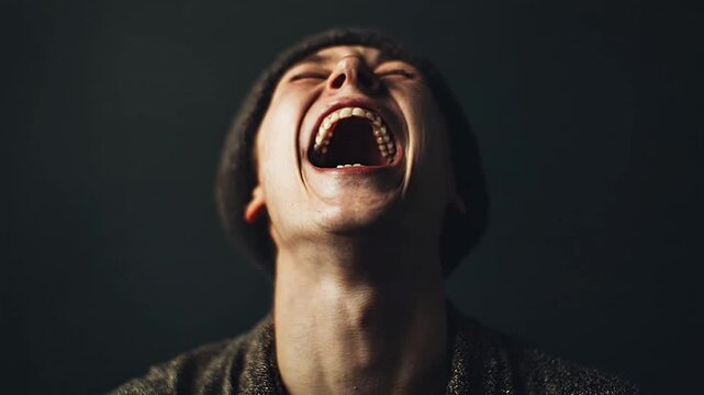 Man in beanie laughing loudly against dark background.