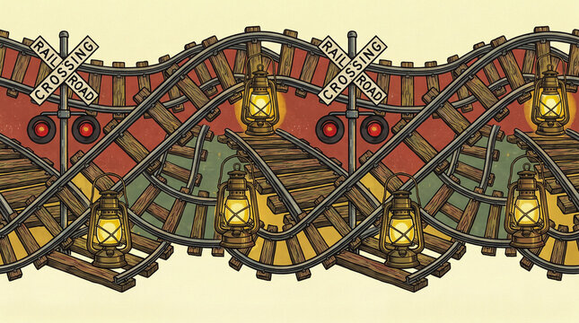 a continuous graphic featuring railway transportation gear with steel train tracks wooden railroad ties warning crossing signs and bright lantern lights for a conductor