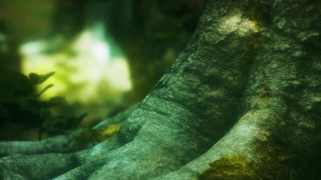 A large tree root is partially submerged in a river. Water moves gently around it, while soft light creates shadows on the surface. Surrounding plants add texture to the scene.