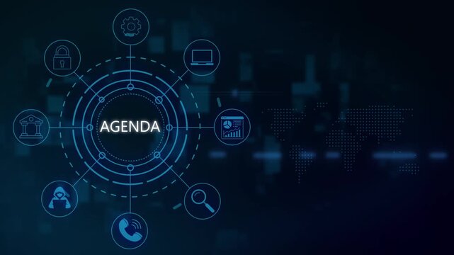Digital agenda concept with hud interface and global network business meeting planning and corporate strategy motion