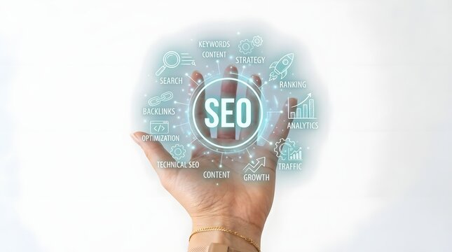 A hand holding a glowing digital interface representing search engine optimization and seo marketing strategies for business growth