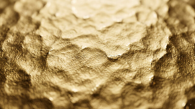 Abstract golden hammered metal texture with shimmering rough surface, warm metallic pattern and blurred macro detail for luxury background design