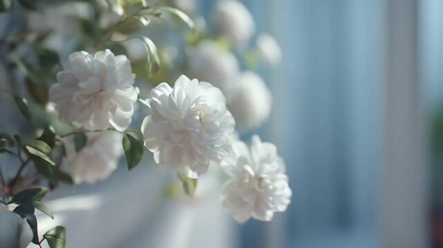 Cluster of white double-petal flowers in soft natural light.
