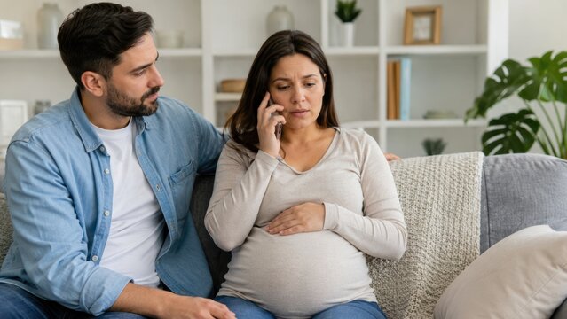 Worried pregnant woman talking on the phone and holding her belly while sitting on a sofa with her supportive husband at home