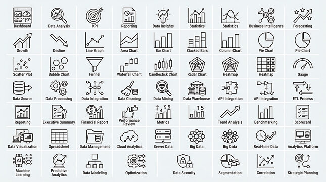 Icons illustrating advanced data modeling and statistical analytics are displayed in a comprehensive grid arrangement.